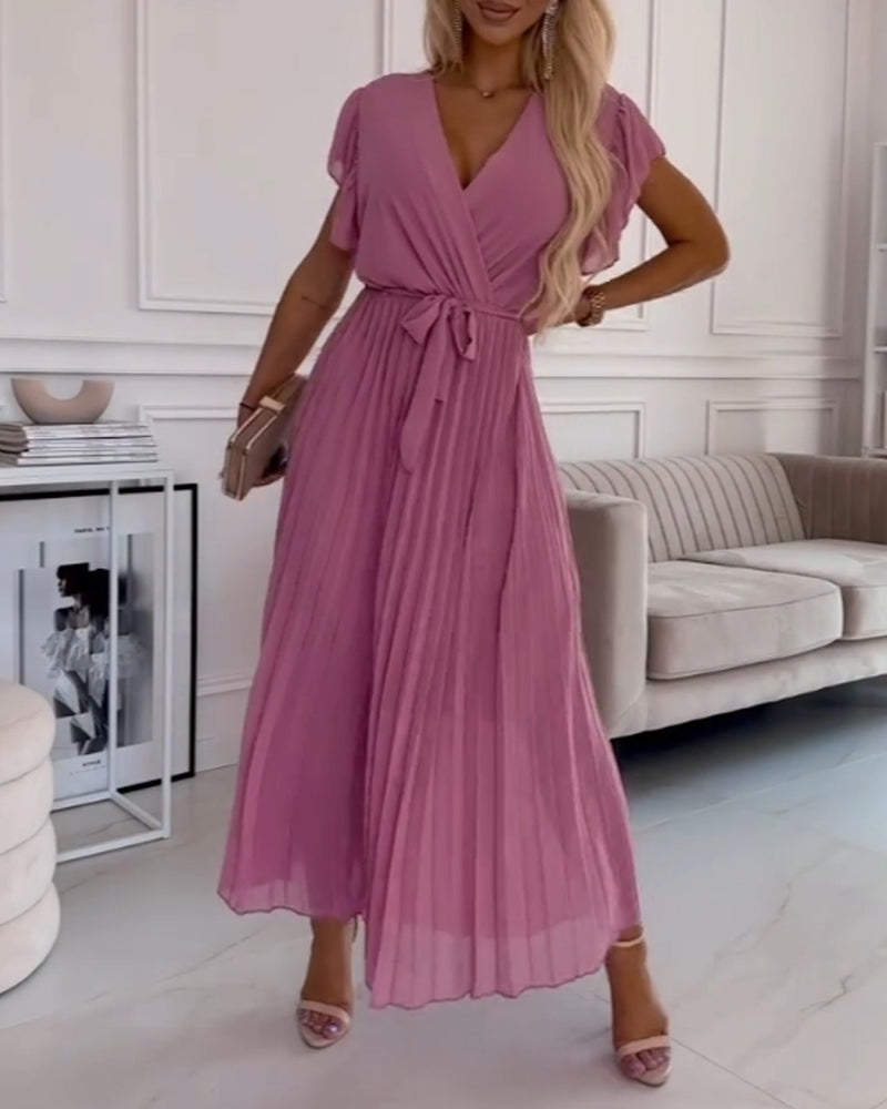 Victoria™️ Einfarbiges, elegantes kleid mit rüschenärmeln und v-ausschnitt